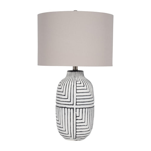 Accent Table Lamp | 26" White Drum Shade | Tribal Textured Ceramic