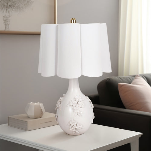 Table Lamp | Scalloped Shade | 25" Floral Applique Ivory Ceramic