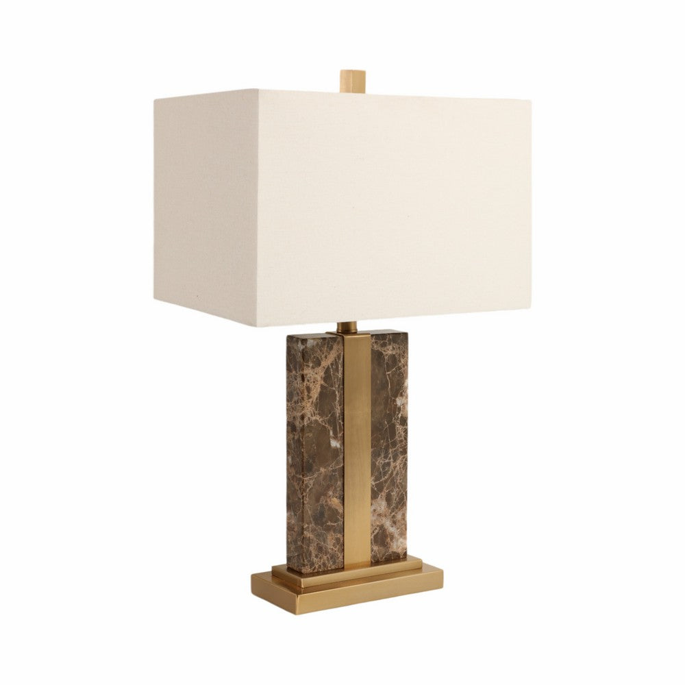 Table Lamp | Off White Linen Shade | Brown Marble| Brass Accent | 26"