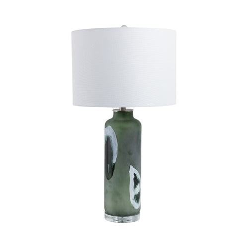 Cylinder Table Lamp | Green Glass with Abstract Artisan Markings | 16"