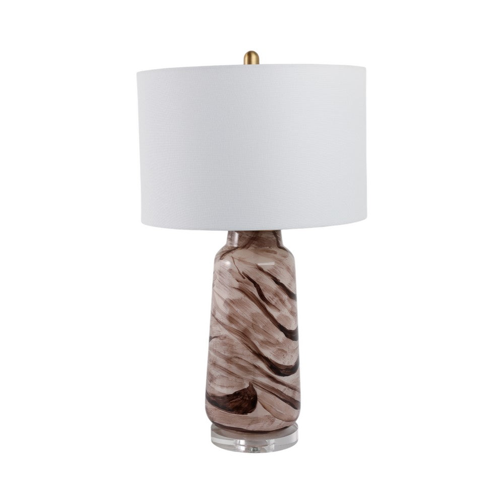 Table Lamp | Bottle Shape Glass Body with Brown Swirls | Drum Shade 29"