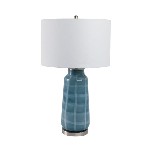 Table Lamp | 29" Blue Retro Checkered Glass Base | White Drum Shade