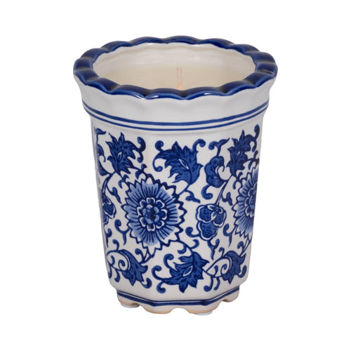 Tibi Fluted Chinoiserie Candle | 7oz Jasmine Scented | Blue-White Ceramic