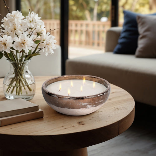 Pine Scented Bowl Candle | Handcrafted Gold & Gray Terracotta 12"