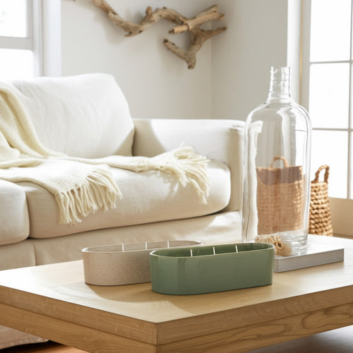 Oval Candle Set of 2 | Ginger Grapefruit Scented | Green & White Ceramic