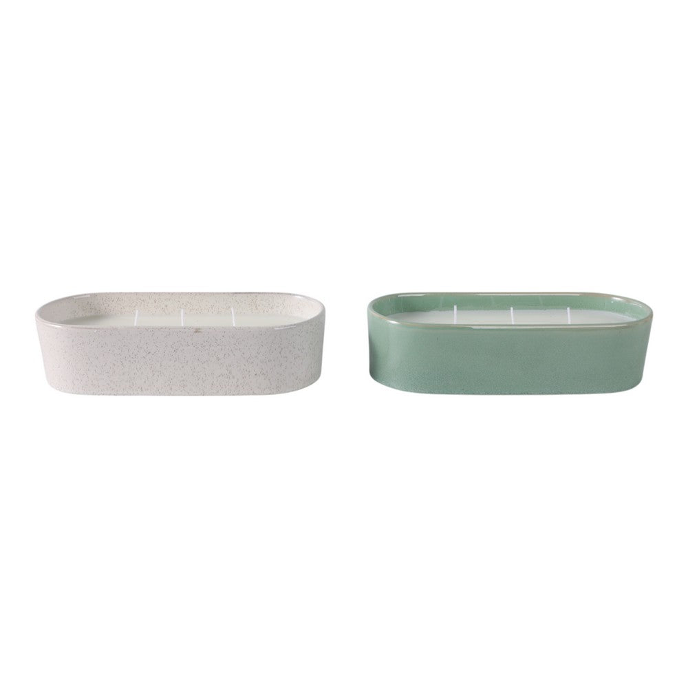 Oval Candle Set of 2 | Ginger Grapefruit Scented | Green & White Ceramic