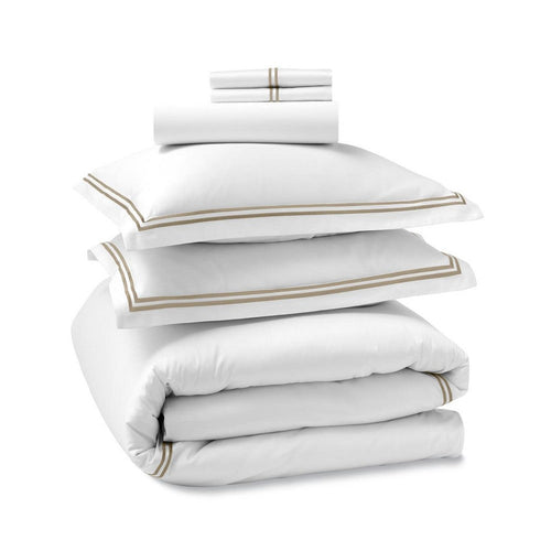 Sleeptone 6pc Queen Size Sheet Set, White Satin, Taupe Stitching