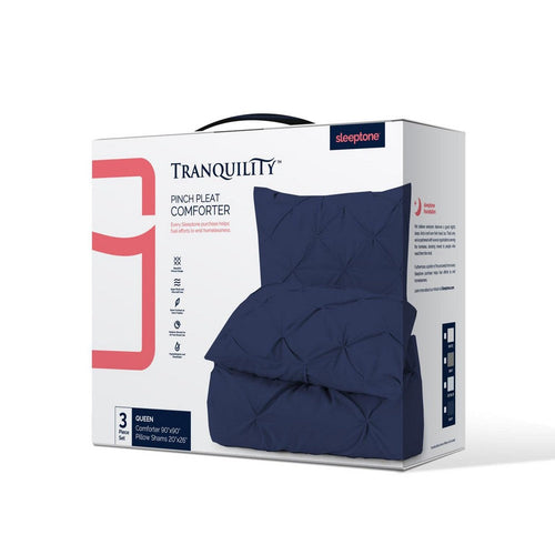 Sleeptone 3pc Queen Comforter Set w 2 Shams, Navy Blue Pinch Pleat