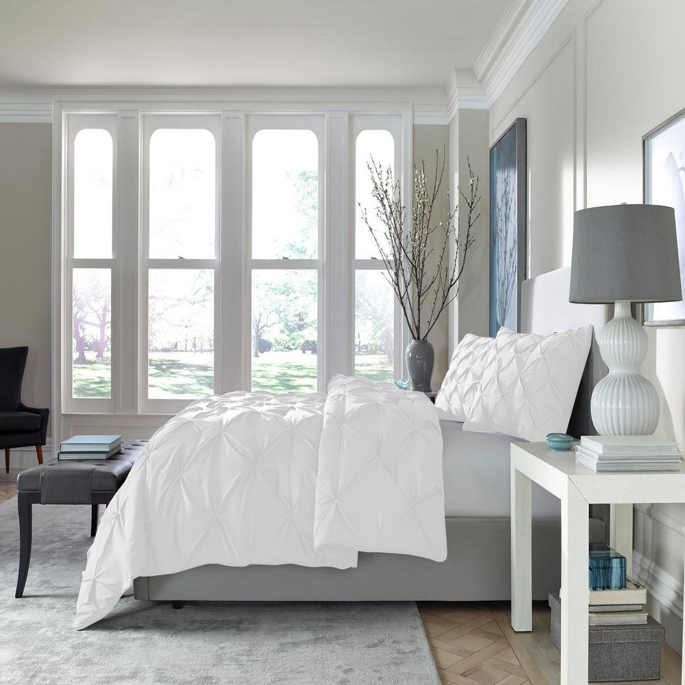 Sleeptone 3pc Queen Size Comforter Set w 2 Shams, White Pinch Pleat