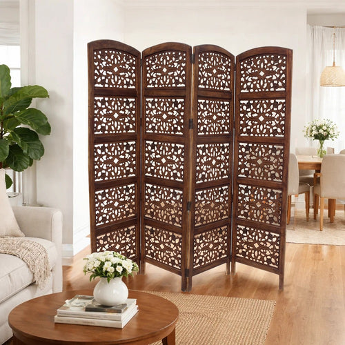 80" 4-Panel Hand Carved Wood Room Divider Screen, Brown By The Urban Port