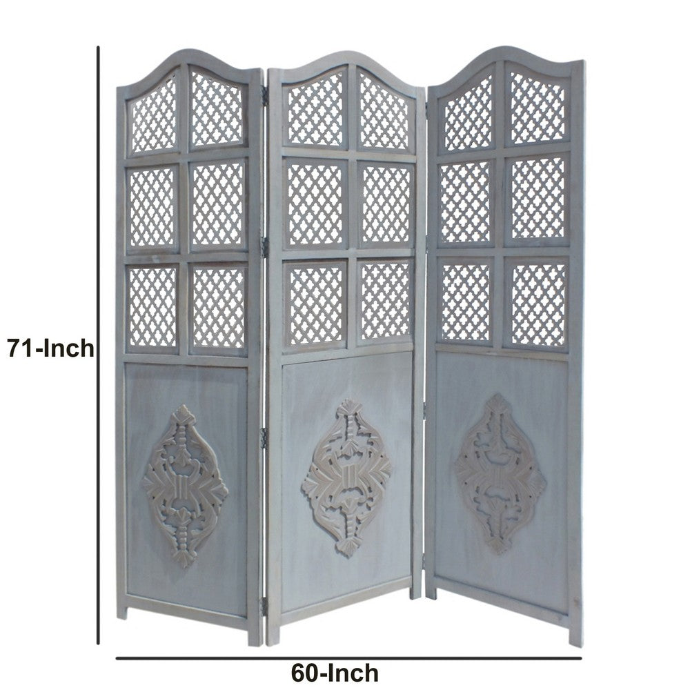 Three Panel Wooden Room Divider with Traditional Carvings and Cutouts, Blue By The Urban Port