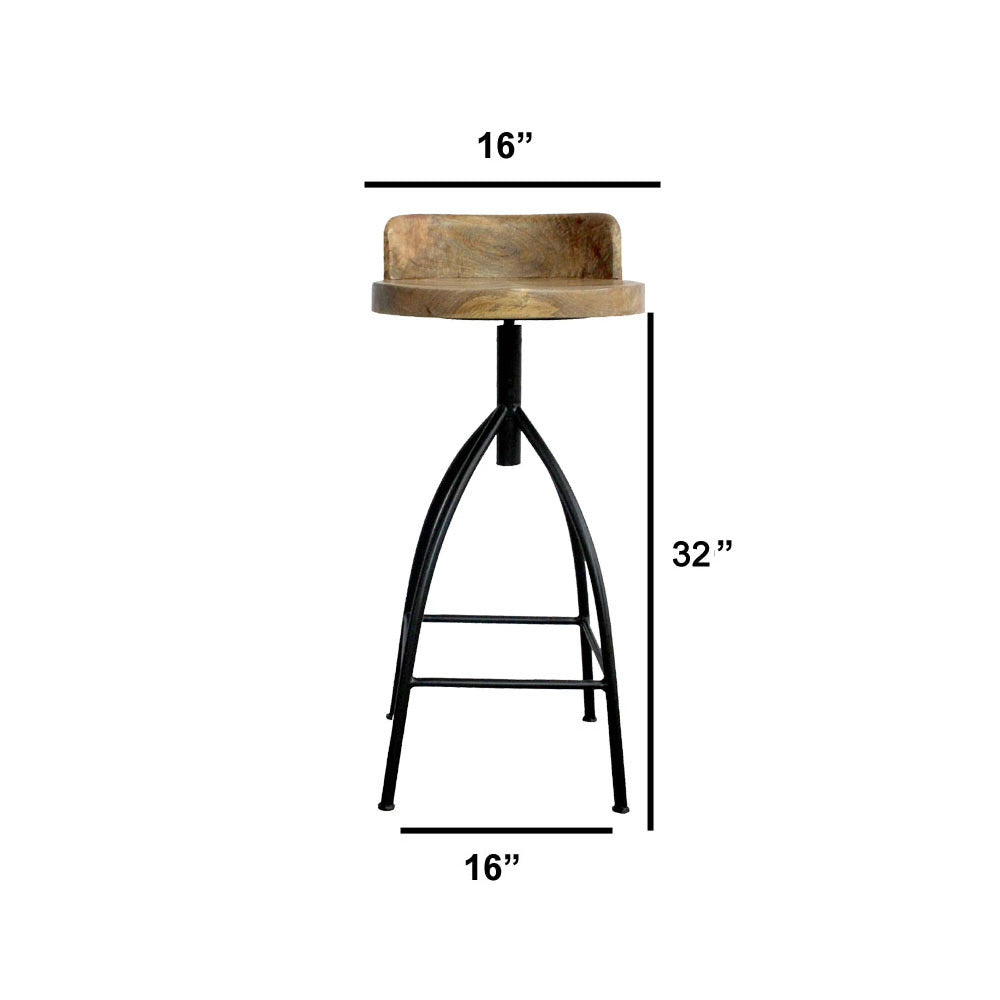 Pia 32-35 Extra Tall Adjustable Barstool, Natural Brown Mango Wood Seat, Black Iron Frame By The Urban Port