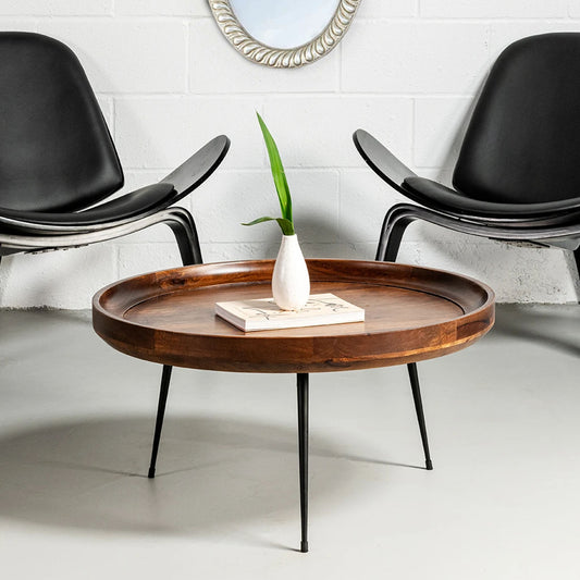Gia Round Mango Wood Coffee Table With Splayed Metal Legs, Brown and Black By The Urban Port