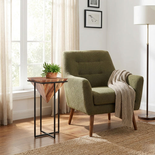 Ida 30 Inch Pyramid Shape Acacia Wood Side Table With Cross Iron Base, Brown and Black By The Urban Port