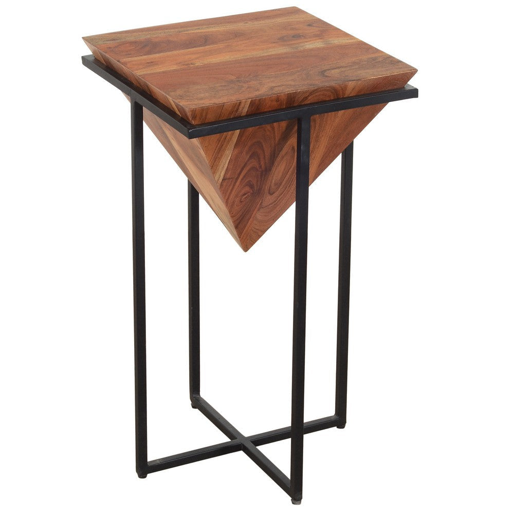 Ida 26 Inch Pyramid Shape Acacia Wood Side Table With Cross Iron Base Brown and Black By The Urban Port UPT-199996