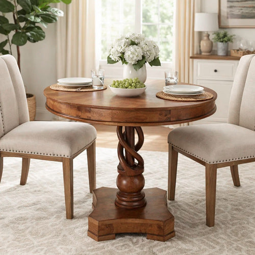 30" Handcrafted Round Mango Wood Dinette, Artisanal Twisted Pedestal Base, Walnut Brown By The Urban Port