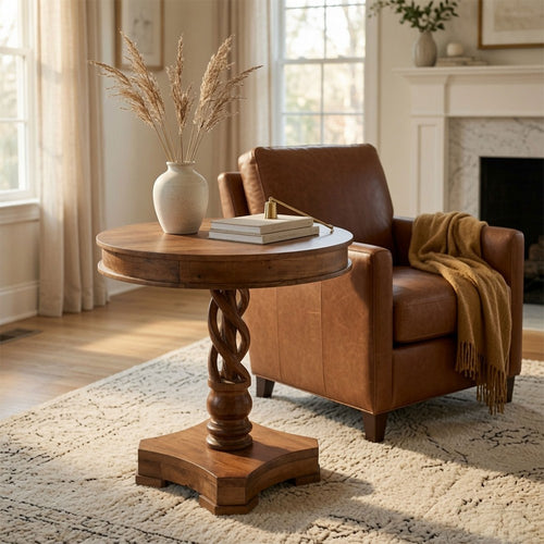 30" Handcrafted Round Mango Wood Dinette, Artisanal Twisted Pedestal Base, Walnut Brown By The Urban Port
