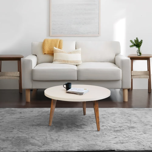 24" Modern Coffee Table, Round Off White MDF Top, Tapered Brown Mango Wood Legs By The Urban Port