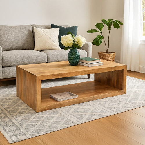 Keli 58 Inch Mango Wood Coffee Table, Open Cube, 1 Shelf, Natural Brown By The Urban Port