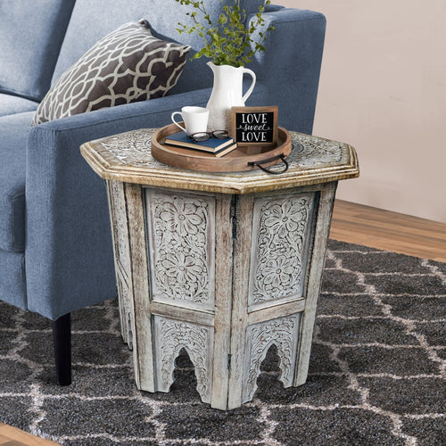 Olta Side Table, Hand Carved Cutout Moroccan Design, Octagonal Top, Whitewash Mango Wood By The Urban Port
