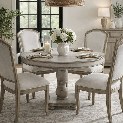 42 Inch Handcrafted Mango Wood Dining Table, Pedestal Base, Round Molded Top, Washed White, Gray By The Urban Port