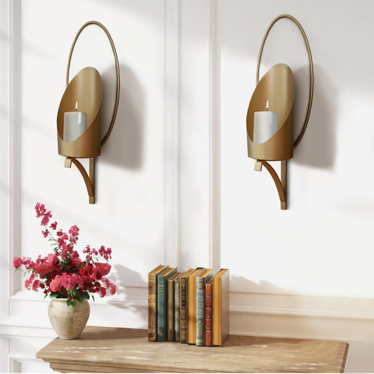 22 Inch Wall Sconce Candle Holder, Modern Tulip Shape, Set of 2, Matte Gold Frame By The Urban Port