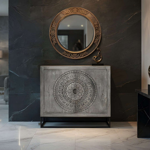 Zera 39 Inch Accent Cabinet with 2 Doors, Hand Carved Medallion, Sandblasted Gray Mango Wood, Black Iron Frame By The Urban Port