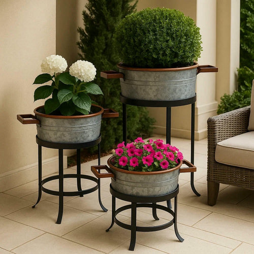 21, 18, and 16 Inch 3 Piece Round Tub Metal Planter Set with Stand in Galvanized Gray and Black Iron By The Urban Port