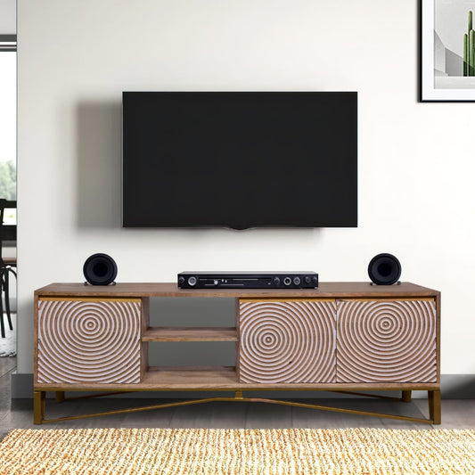 Ally 57 Inch TV Media Entertainment Cabinet Console, Mango Wood With Metal Base, Natural Brown, Gold By The Urban Port