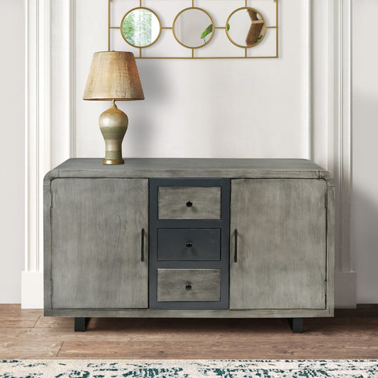 55 Inch Industrial Style Sideboard Console with 2 Cabinets, Iron Handles, Matte Gray Mango Wood The Urban Port