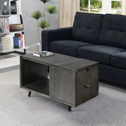 30 Inch Handcrafted Coffee Table with Hinged Lift Top Storage, Open Shelf, and Metal Legs, Charcoal Gray By The Urban Port