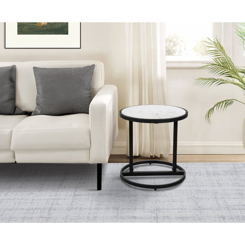 Beri 18 Inch Side End Table, Round White Natural Marble Top, Classic Slim Black Iron Frame - The Urban Port