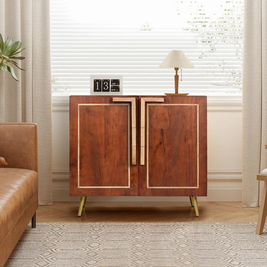 36 Inch Modern 2 Door Wooden Sideboard Buffet Cabinet with Metal Handles, Splayed Legs, Gold, Oak Brown By The Urban Port