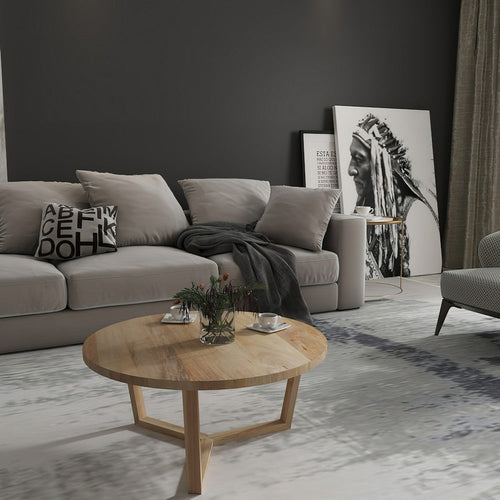 Nina 30 inch Round Mango Wood Coffee Table - Handcrafted Natural Brown, Sturdy 3-Leg Sled Base By The Urban Port
