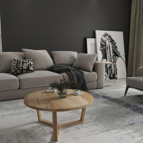 Nina 30 inch Round Mango Wood Coffee Table - Handcrafted Natural Brown, Sturdy 3-Leg Sled Base By The Urban Port