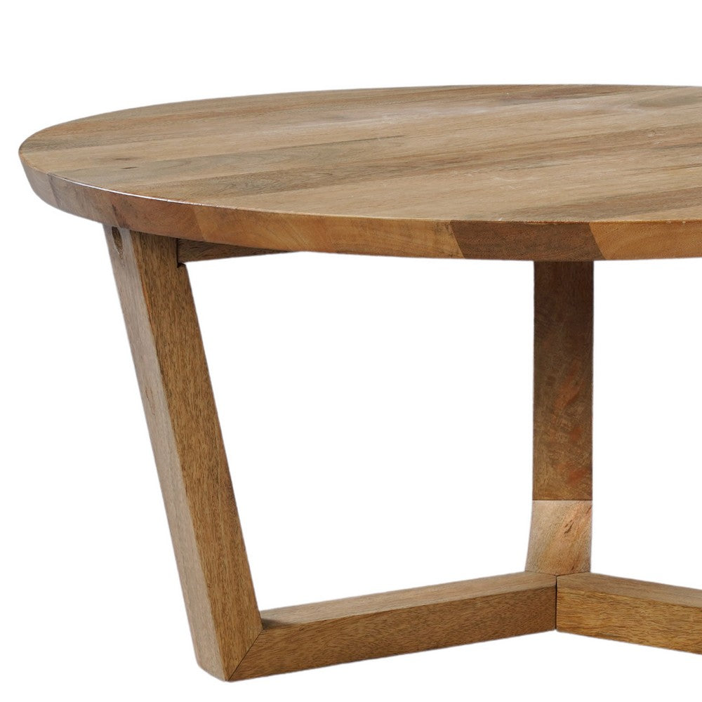Nina 30 inch Round Mango Wood Coffee Table - Handcrafted Natural Brown, Sturdy 3-Leg Sled Base By The Urban Port