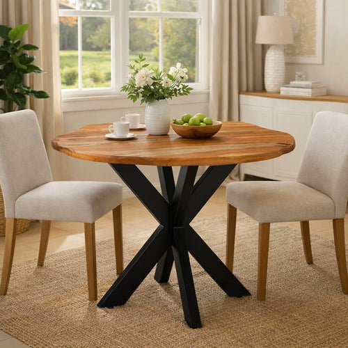 Kuri 41 Inch Handcrafted Live Edge Round Dining Table with a Natural Brown Acacia Wood Top and Black Iron Legs By The Urban Port