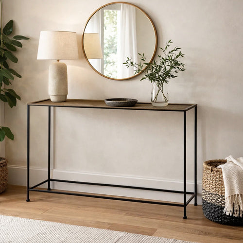 Aurelia 48 Inch Thin Console Sofa Table, Hammered Antique Bronze Tray Top, Narrow Black Iron Frame By The Urban Port