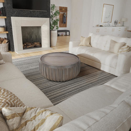 Alisha 36 Inch Coffee Table, Handcrafted Drum Shape with Ribbed Edges, Gray Mango Wood The Urban Port