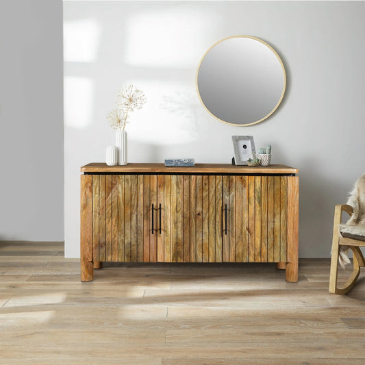 54 Inch Sideboard Console with 3 Grooved Cabinet Doors, Iron Handles, Natural Brown Mango Wood By The Urban Port