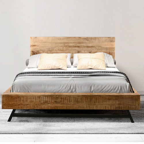 Bree Modern Rustic King Size Platform Bed, Brown Acacia & Mango Wood Frame, Angled Black Iron Legs By The Urban Port
