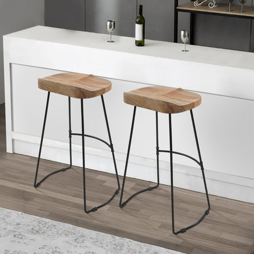Tiva 30 Inch Handcrafted Backless Barstool, Natural Brown Mango Wood Saddle Seat, Black Metal BaseBy The Urban Port