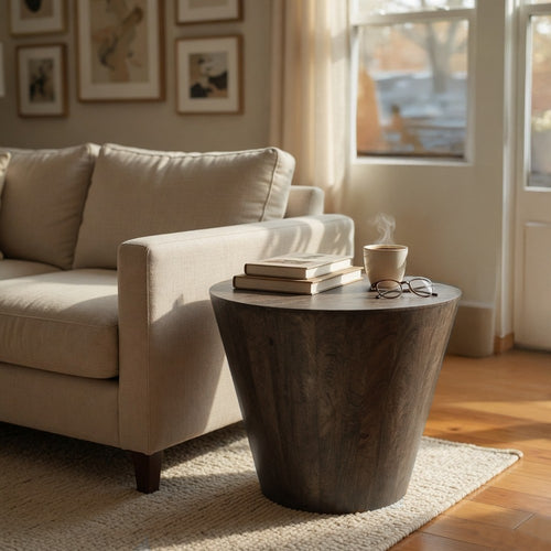 24 Inch Side End Table, Round Drum Shape, Handcrafted Distressed Gray Mango Wood The Urban Port