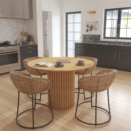 Sejo Dining Table, 45 Inch Round Top with Fluted Padestal Base, Natural Brown Mango Wood By The Urban Port