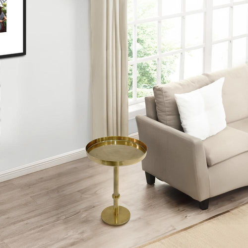 Ara 22 Inch Side End Table, Vintage Sleek Pillar Base, Round Tray Top, Oxidized Antique Brass By The Urban Port