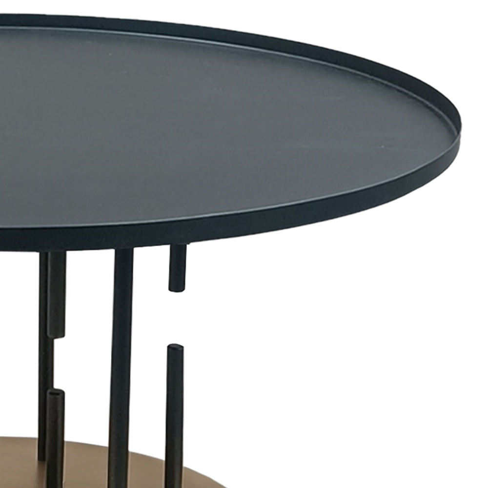 Neci 31 Inch Coffee Table, Round Matte Black Tray Top, Modern Rod Supports with Brass Base By The Urban Port