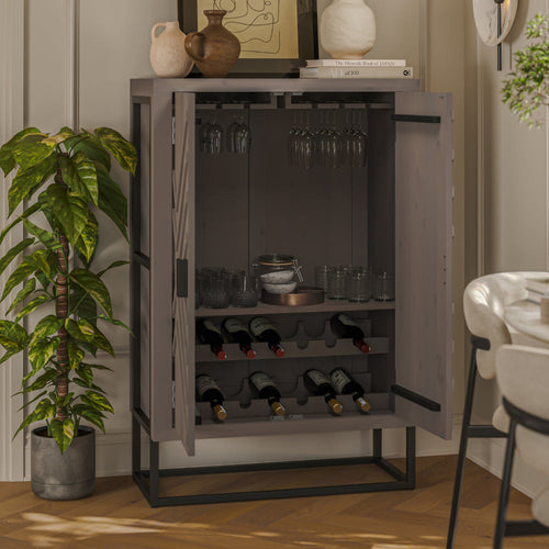 Denali Wine Bar Cabinet with Built-in Stemware Rack and Bottle Holder - Gray Acacia Wood With Black Iron Stand, 52 Inch By The Urban Port