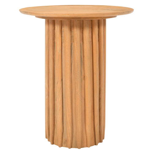 Sejo Side End Table, 20 Inch Round Top with Fluted Base in Natural Brown Mango Wood By The Urban Port
