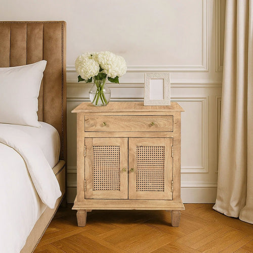 30 Inch Nightstand Table, Rattan Cabinet Doors and Drawer Fronts, Sandblasted Brown Mango Wood By The Urban Port