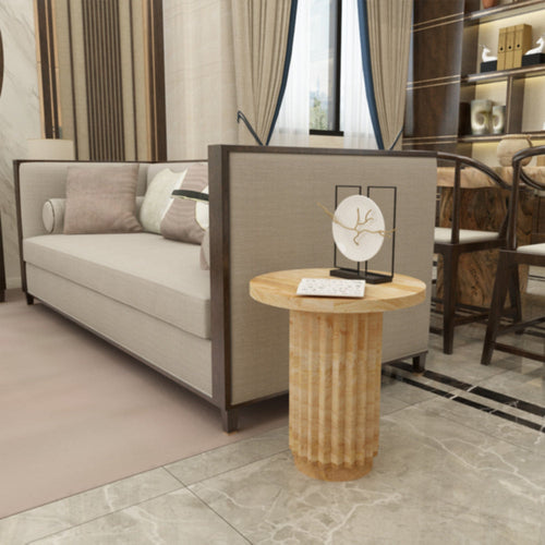 Muna Side End Table, 16" Round Top, Handcrafted Mango Wood Reeded Base, Natural Brown By The Urban Port